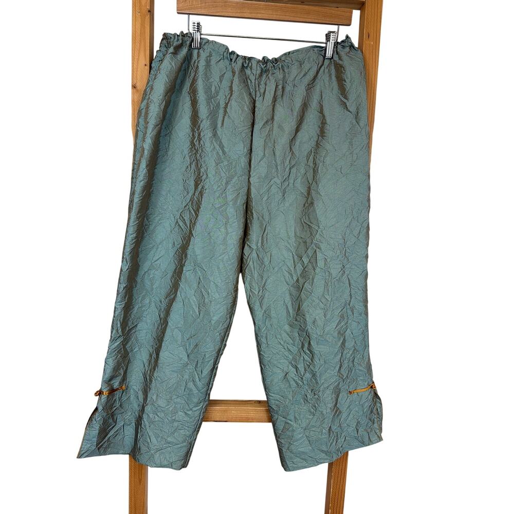 Vintage NOBLU Rayon Blend Green Crinkle Pants Yellow Hem Design Size L